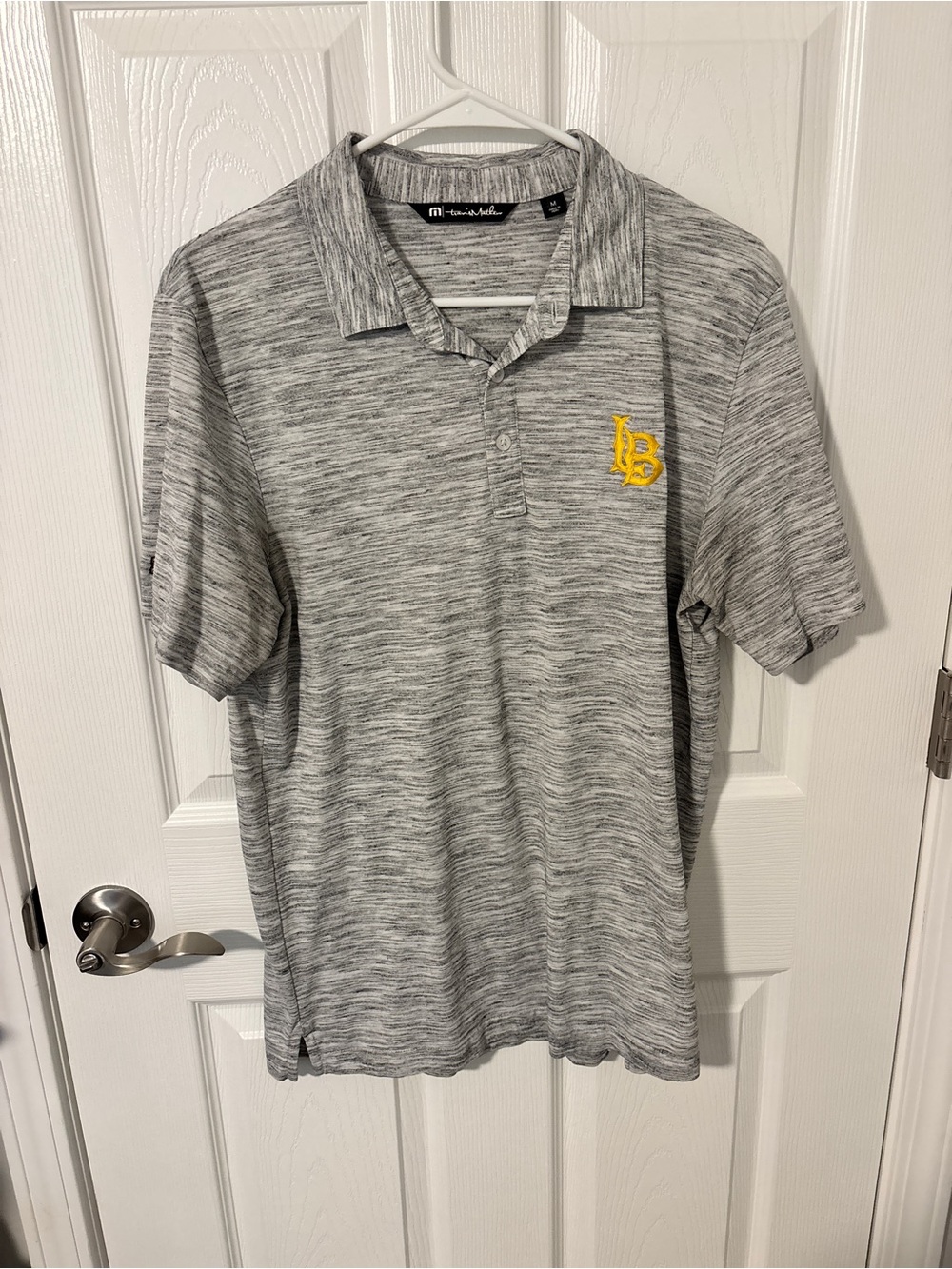 Travis Mathews Long Beach Men's Grey Space-Dye Polo with Yellow Emblem